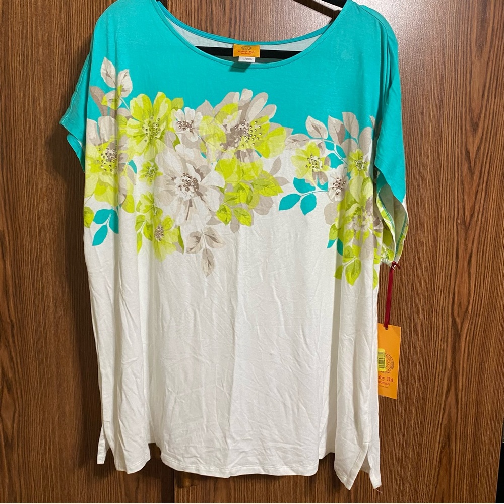Ruby Rd. Short Sleeve Dolman Style Top with Embellishments and Rhinestones